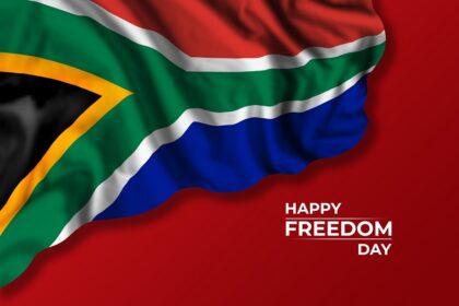 South Africa independence day greetings card with flag and text. National holiday illustration